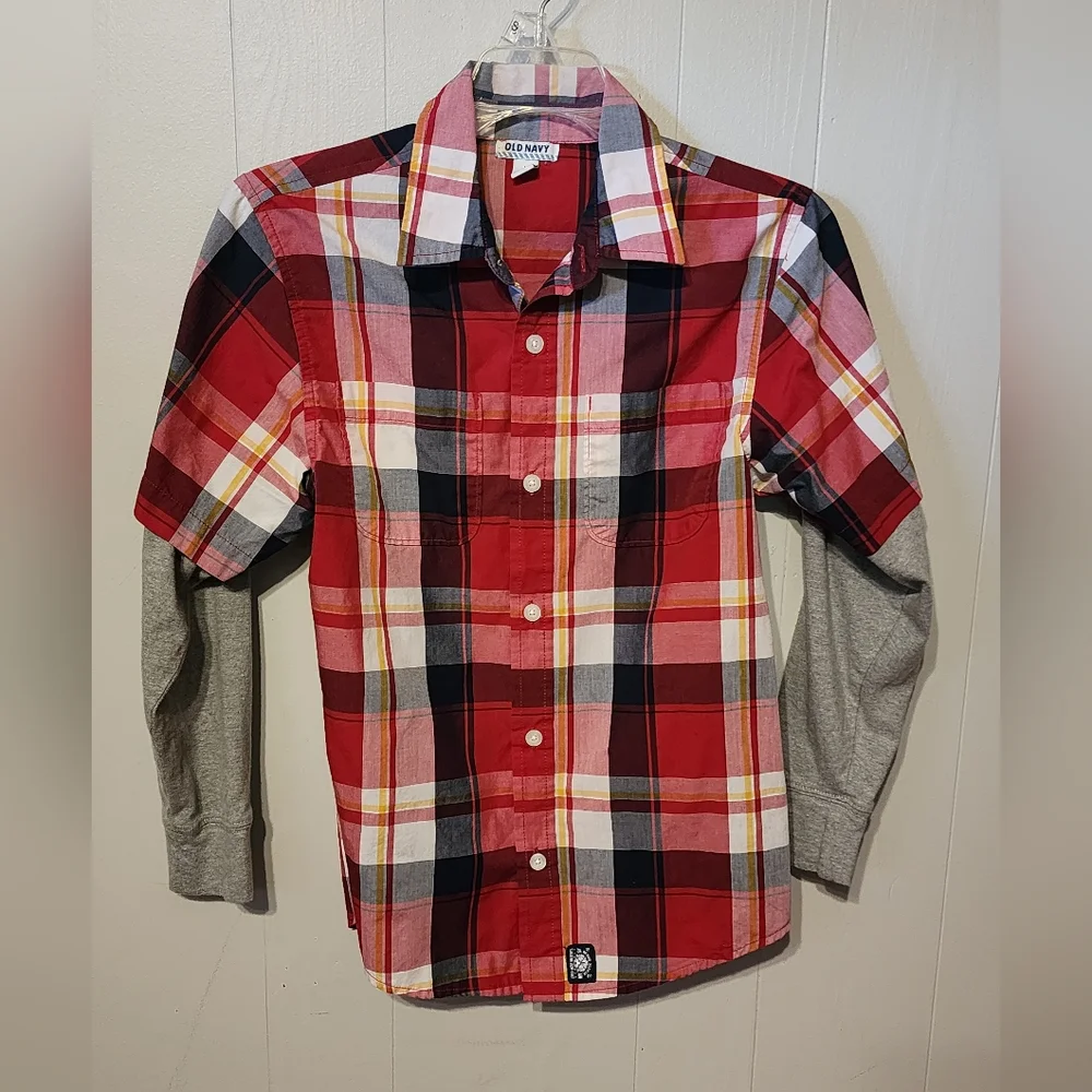 Old Navy Button Up Shirt Youth Large Red Plaid‎ Western Long Sleeve B118